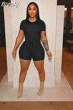 Solid Color Short Sleeve Crop Top and Pockets Biker Shorts 2 Pcs Set Sexy Slim Summer Fashion Outfit Casual