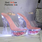 Color Square Heel Women Sandals Light Up Glowing Shoes Luminous Clear Sandals Platform Shoes High Heel 15cm Transparent