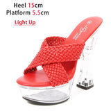 Light Up Transparent High Heels 15CM Square Heel Summer Sandals Women's Platform Luminous Shoes Club Fashion Weave