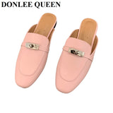 Women Flat Slippers New Fashion Metal Chain Close Toe Mule Shoes Slip On Casual Loafers Brand Slides Flip Flops Zapatos De