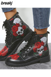 Skeleton Rose Women Snow Ankle Boots Motorcycle Skull Low Heels Shoes Vintage Pu Warm Winter Increase The 43 botas de