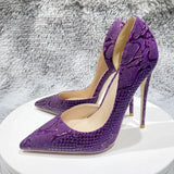 Purple Embossed Crocodile Effect Women Pointy Toe Slip On High Heel Shoes for Party Sexy Ladies Dress Stiletto