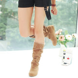 Women Lace Nubuck Flat Heels Winter Snow Boots Shoes Women's Flock Plush Padded Winter Long Riding Motorcycle Boots