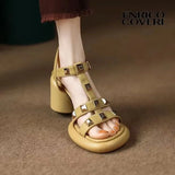 Beige Summer 2023 Thick Heel Sandals for Woman Heeled Block Women's Shoes High Heels Pumps Chunky Rivet Luxury