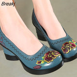 Spring Women Pumps Retro Embroider Lady 7.5CM High Heels Slip On Platform Pumps Handmade Women Genuine Leather