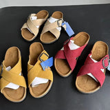 Summer Women's Cow Suede Leather Cork Sandals Two Buckle Flats Sandals Women Retro Roma Style Fashion Slippers