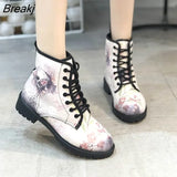 Skeleton Women's Snow Ankle Motorcycle Boots Skull Pansy Low Heel Fashion Shoes Vintage Pu Leather Warm Winter High