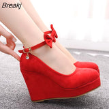 Women High Heels Shoes Fashion Wedges Ladies Platform Buckle Bowtie Pumps for Woman Plus Size 42 Wedding Bridal Shoes Round
