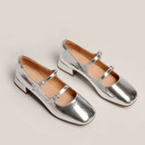 2023 Spring French Retro Shallow Mouth Thick Heel Dress Shoes Fashion Silver Square Head Mary Jane Ballet Shoe Low