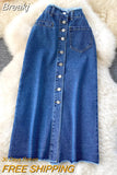 Long Denim Skirt for Women Korean Fashion Vintage Tassels High Waist Single Breasted A-line Jeans Skirt with