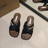 Women Shoes Summer New Vintage Woven Roman Sandals Fashion Open-Toe Sandals Female Slip-on Flats Beach Shoes Ladies