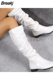 For Women 2023 Spring Knee High Boots Red Black White Tall Boots Woman Pleated Low Heel Casual Leather Female Long