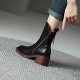 Women's Boots Autumn Leather Short Boots for Women Round Toe Chunky Heel Retro Brown Female Zipper Ankle Boots Botas