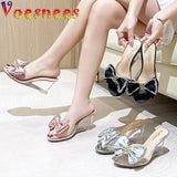 High Heels Summer Slippers Fashion Elegant Party Transparent Women Shoes Satin Big Bow Wedge Sandals 8CM Pink Pumps Size