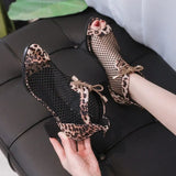 New Fashion Ladies Sandals European and American Fashion Mesh Hollow High Heel Booties Thick Heel Leopard Print Fish