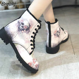 Skeleton Women's Snow Ankle Motorcycle Boots Skull Pansy Low Heel Fashion Shoes Vintage Pu Leather Warm Winter High
