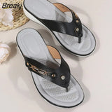 Women's Slippers Summer New Fashion Metal Button Slides Shoes Wedge Beach Sandals Women Outside Platform Leisure Flip
