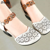 Genuine Leather Women Sandals Summer Shoes 5CM High Heels Retro Women Shoes 2022 Hollow Out