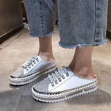 Baotou Semi-Slippers For Women's Spring And Summer New Flat-Bottomed Water Drill Thick-Soled Lazy Casual