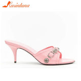 New Dropship 2023 Summer Sexy Women Mules Pump Sandals 7cm Thin High Heeled Big Size 43 Open Sole Moto Biker Rivets