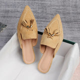 Shoes Mules For Women 2024 Ladies' Slippers Rivet Cover Toe Butterfly-Knot Low Square heel Loafers Flock New Pointed