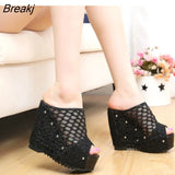 Net yarn High heels Women Wedges Sandals tongs slippers Platform Female Lace Increase mujer Shoes feminina