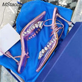 PVC Women Shoes Pointy Toe Ankle Cross Tied High Heel Sandals Woman 2023 Sexy Diamond Party Runway Sandals Female