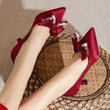 Rhinestone Bowknot Black Pumps for Women Pointed Toe Silk Stiletto Pumps Shoes Woman Satin Wedding Bride Shoes