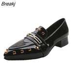 shoe female autumn new style lady pointed thick heel rivet women's shoes British style patent leather small
