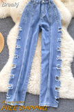 Women Jeans 2023 Summer Blue Denim Trouser High Waist Ripped Holes Straight Leg Full Length Pants Casual Street