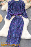 Women Two Piece Set Vintage Floral Print Puff Sleeve Pullover Tops and Elastic Waist Pleated Skirt Suits Fashion Clothing