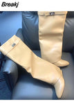 Design Shark Lock Women Boots Sexy Slip-on Knee High Boots For Woman Motorcycle Botas Mujer Genuine Leather Wedge