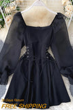 Short Party Dress Women Vintage Square Collar Hollow Out Mesh Puff Sleeve Lace up Slim Waist A Line Mini Club