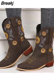 Cowboy ethnic Women Boots Coarse High Heel Embroidered Sunflower Boot Ladies Toe Knee Shoes
