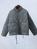 Old Pocket Checkered Cotton Jacket Female Casual Stand Collar Zipper Cotton-padded Thin Coat Female Restro