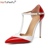 Sandals Women Plus Size 34-47 High Heels 2023 Sexy Colour Block Sparkling Patent Leather Summer Pointed Toe