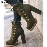 Women Flock Rivet Ankle Boots Female Square High Heels Autumn Fashion Sexy Lace-Up Shoes Ladies Retro Footwear Plus Size