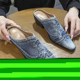 Denim Shallow Square Heel Women Slippers Sewing Autumn Canvas Heel Slipper Pointed Toe Slip On Women Casual Female