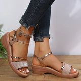 Gold Silver Thick Heel Sandals Women Summer Ankle Strap Wedge Sandals Woman Open Toe Platform Shoes Female Plus Size