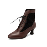 Women Victorian Pointed Toe Ankle Boot Fashion Leather Lace Up Spliced Ladies High Heel Shoe Women Short Boot Plus Size48