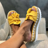 Breakj New Bow One Word Thick Bottom Slope And Hemp Rope Large Size Women Sandals Quality