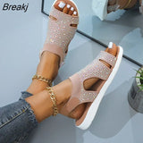 Women Shoes Woven Fish Mouth Sandals Breathable Large Size Hollow Rhinestone Sandals Casual Buckle Strap