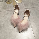 Hairy High Heels Womens Shallow Mouth Word Buckle Fairy Style Pointed Toe Stiletto Party Dress Shoes Pink Fur Pumps