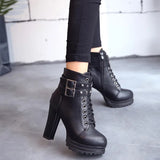Women Autumn Ankle Boots Sexy Office High Heels Platform Boots Round Toe Leather Booties Black Pumps Ladies Party Shoes New