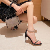 New Net Red Design Sense Niche Rhinestone Chain Sexy Sandals Black Suede Stiletto High Heels Women