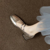 Silver Mary Jane Shoes 2024 Spring And Autumn Thick Heels With One Word Buckle Shallow Mouth Heel Single