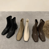 Square Head Elastic Thin French Short Boots 2024 New Autumn And Winter Brown Martin Boots Single