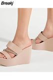 Summer 2023 New Arrivals Women's Sandals Peep Toe Wedge High Heels Slipper Shiny Rhinestones Comfy Walking
