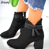 Red Tassel Ankle Shoes Women's Shoes Single Boots Autumn Winter Pointed Toe Thick With Short