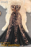 Sequins Glitter Evening Party Dress Women Elegant See Through Mesh Patchwork V-neck Puff Sleeve Embroidery Mermaid
